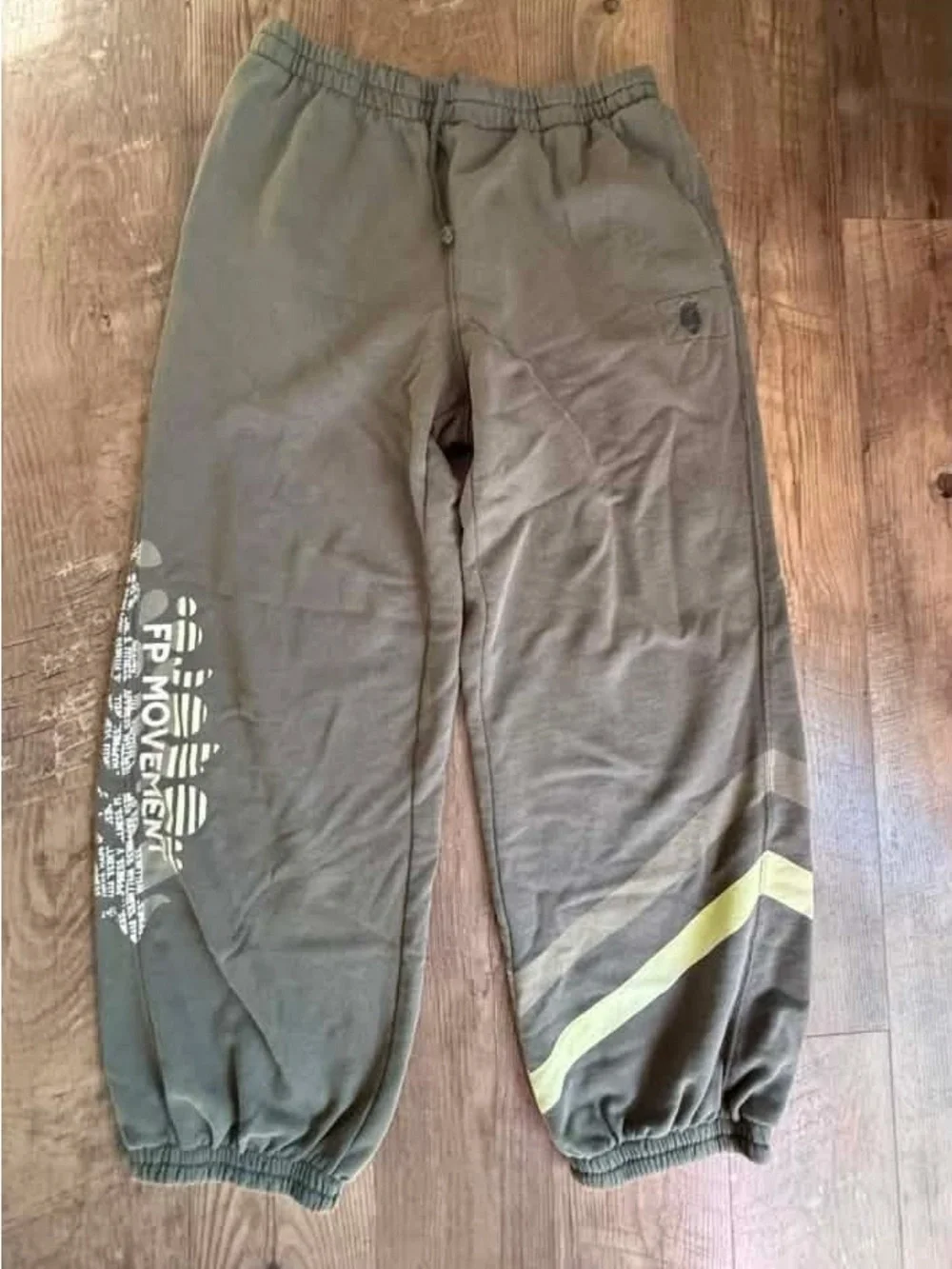 Free People Olive Green Graphic Track Joggers with Yellow Stripe